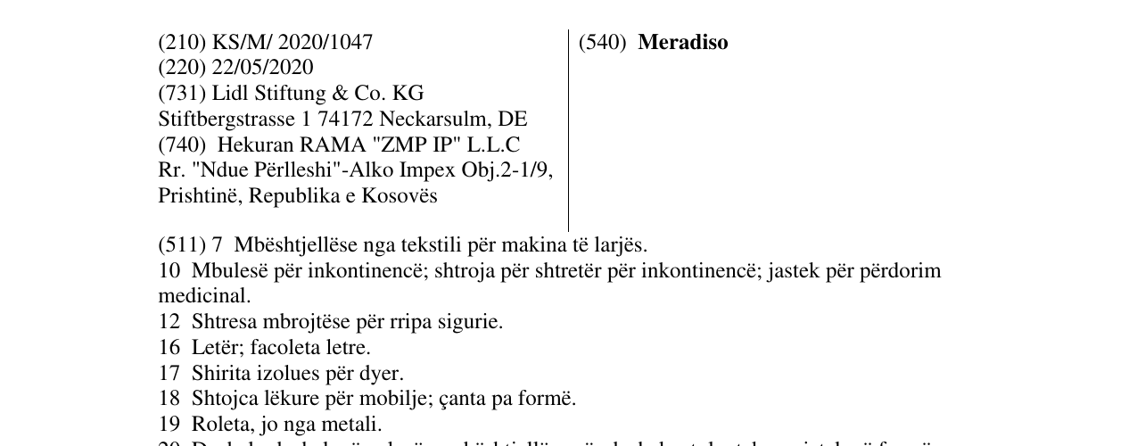 Zëri i markës Meradiso në buletin