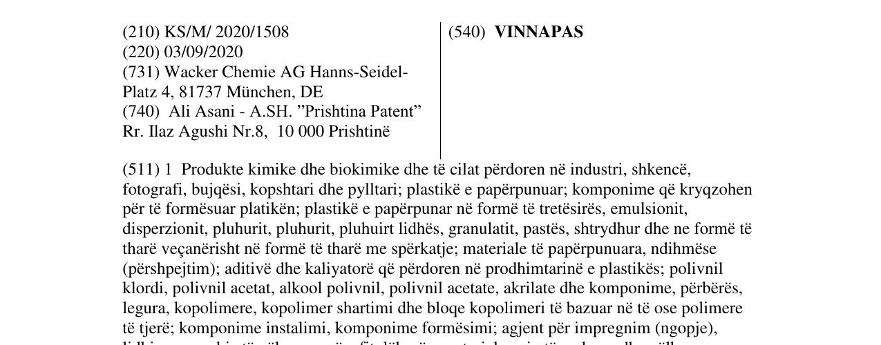 Zëri i markës VINNAPAS në buletin