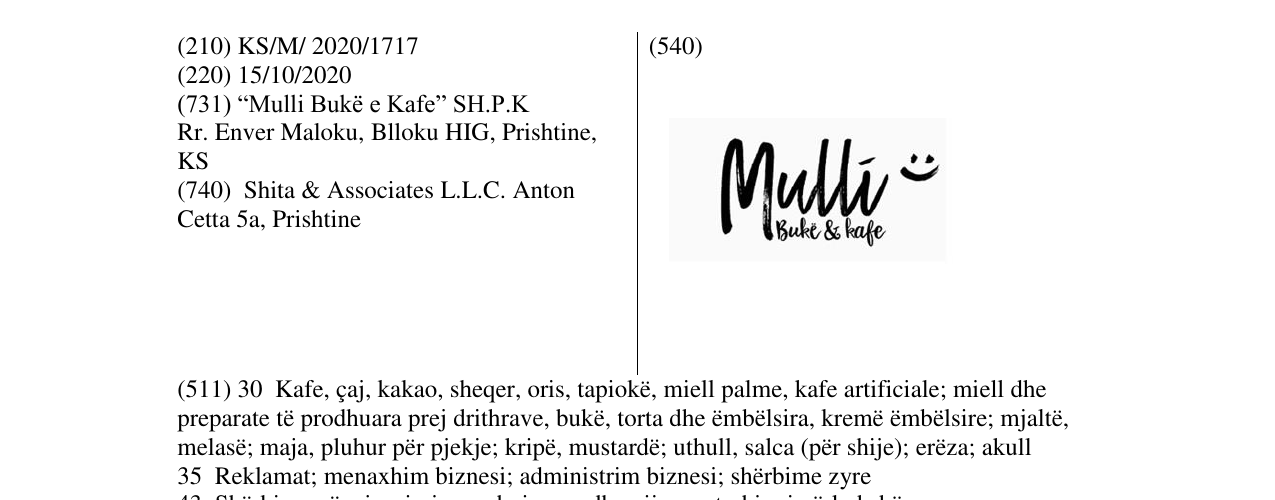 Zëri i markës MULLI BUKE E KAFE në buletin