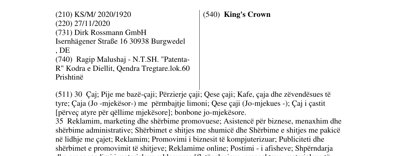 Zëri i markës King's Crown në buletin