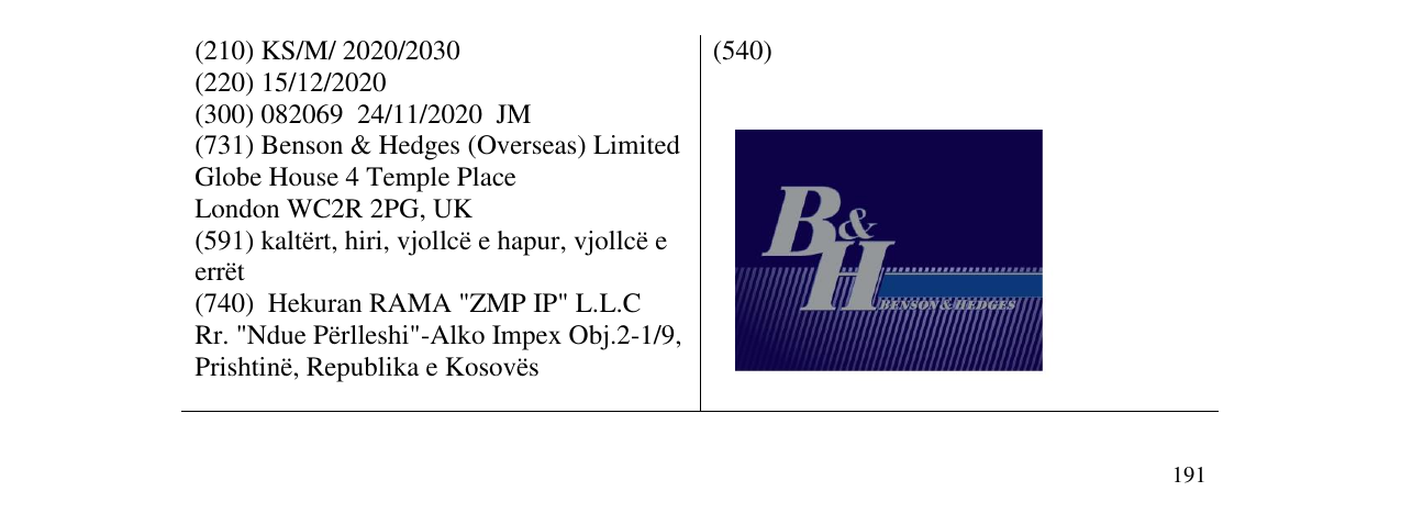 Zëri i markës B&H BENSON&HEDGES në buletin