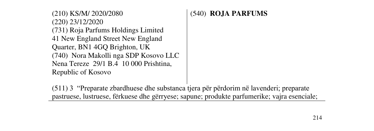 Zëri i markës ROJA PARFUMS në buletin