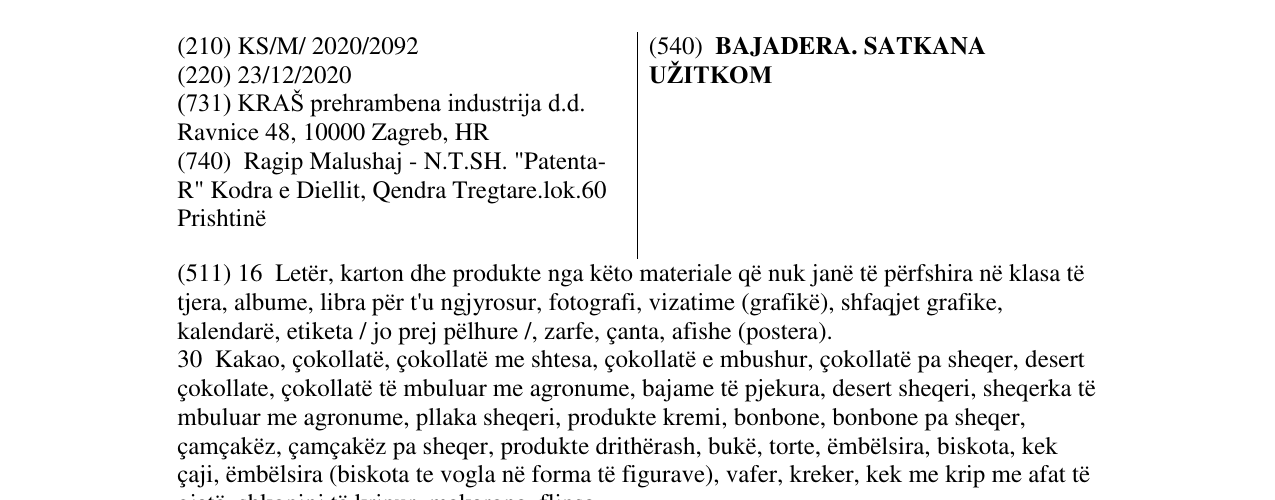 Zëri i markës BAJADERA. SATKANA UŽITKOM në buletin