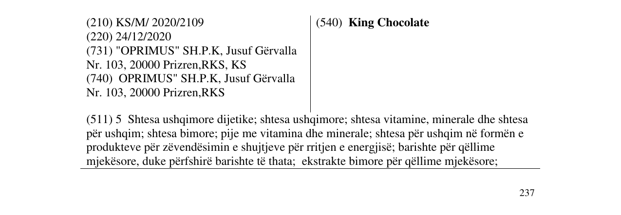 Zëri i markës King Chocolate në buletin
