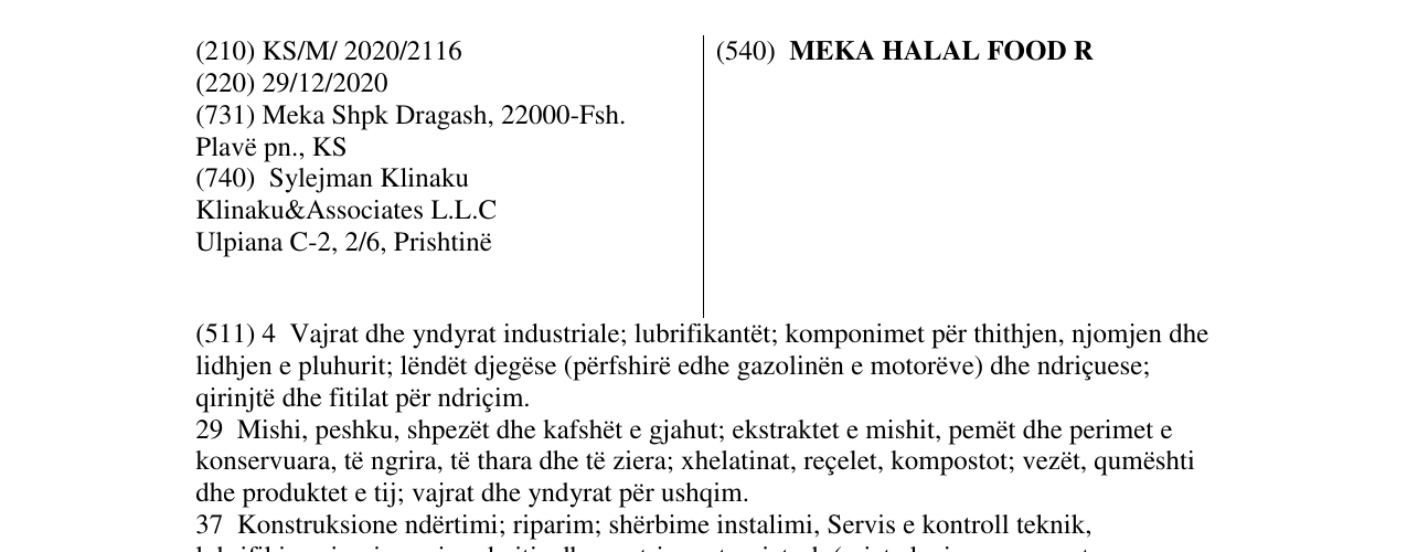 Zëri i markës MEKA HALAL FOOD R në buletin