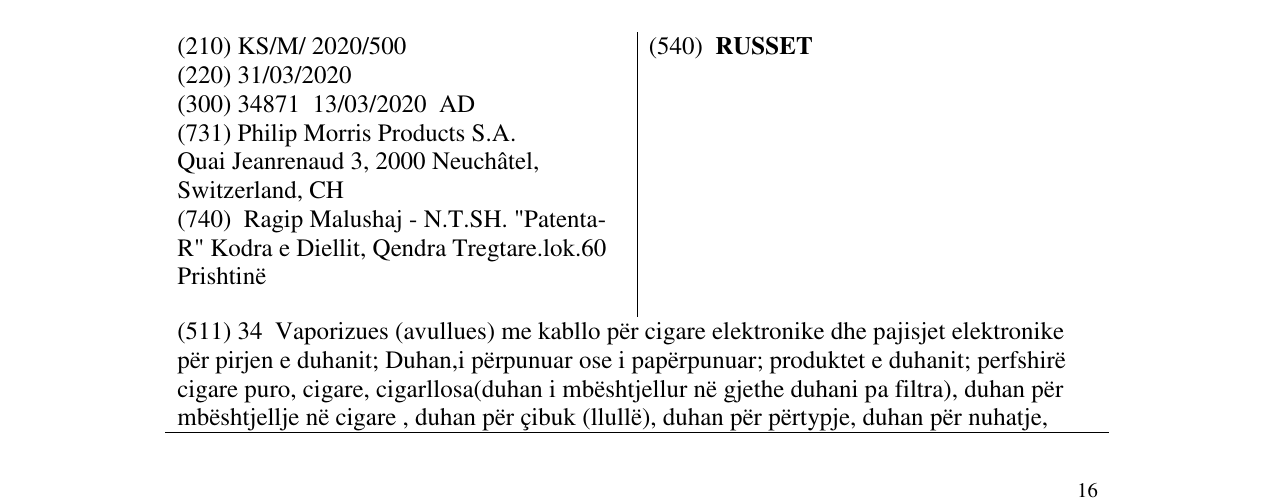 Zëri i markës RUSSET në buletin