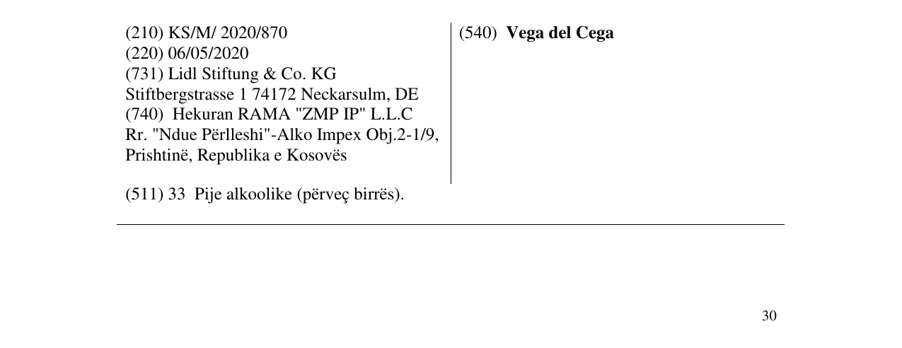 Zëri i markës Vega del Cega në buletin