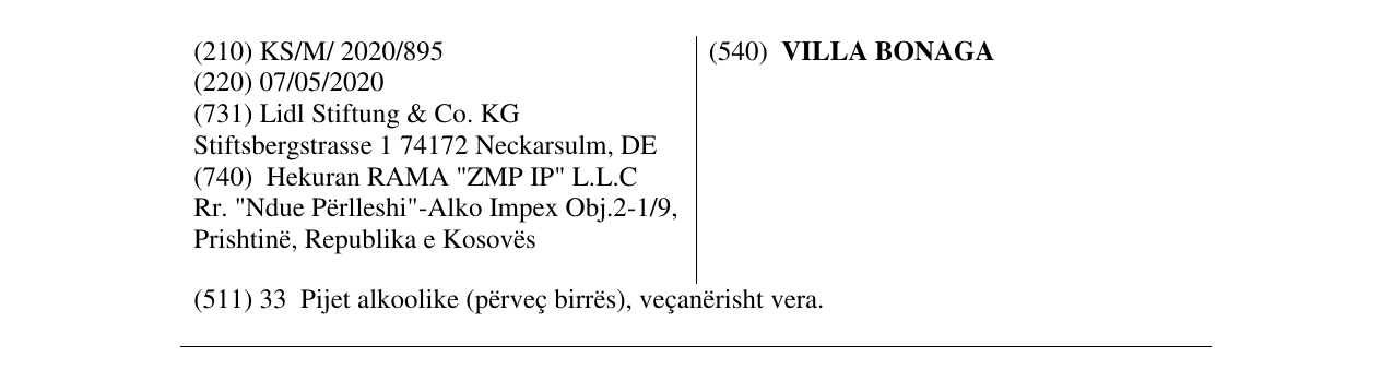Zëri i markës VILLA BONAGA në buletin