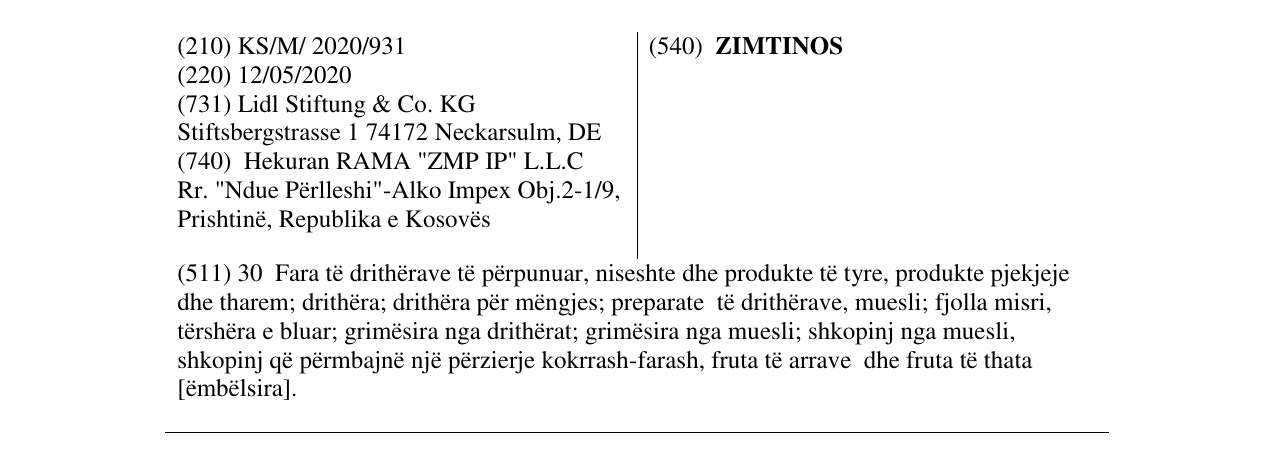 Zëri i markës ZIMTINOS në buletin