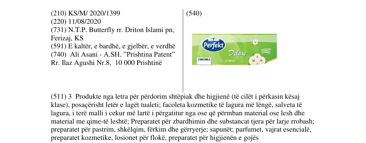 Zëri i markës Perfekt Deluxe camomile në buletin