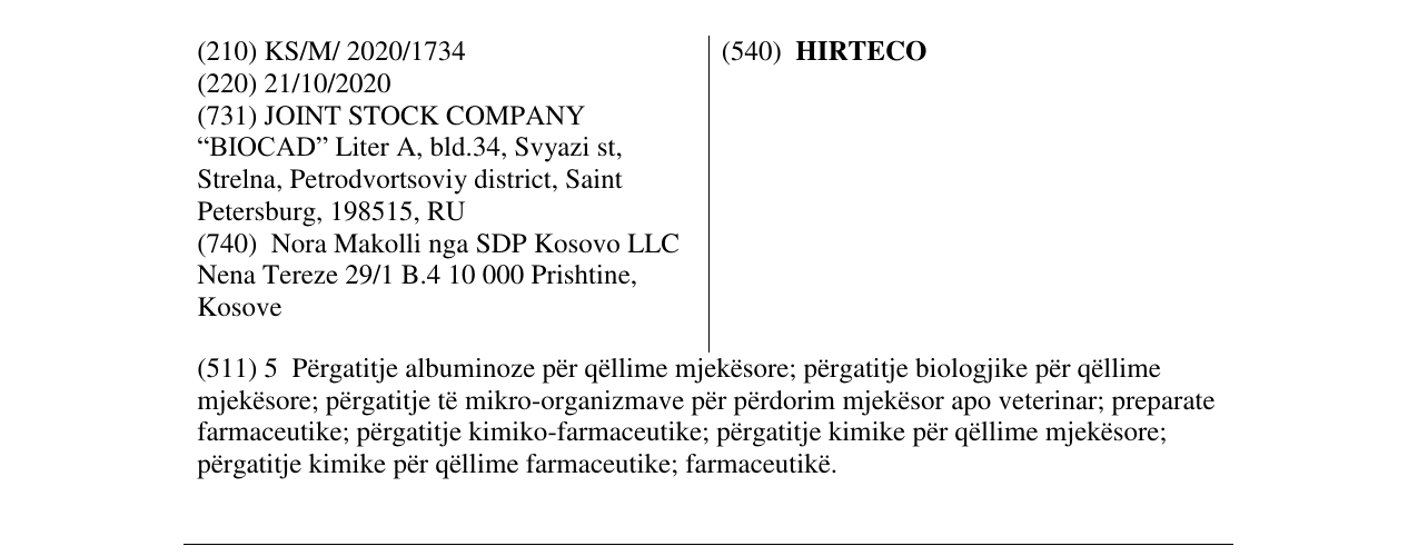 Zëri i markës HIRTECO në buletin