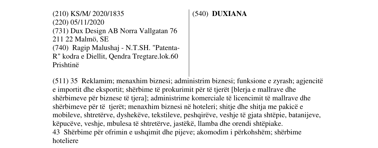 Zëri i markës DUXIANA në buletin