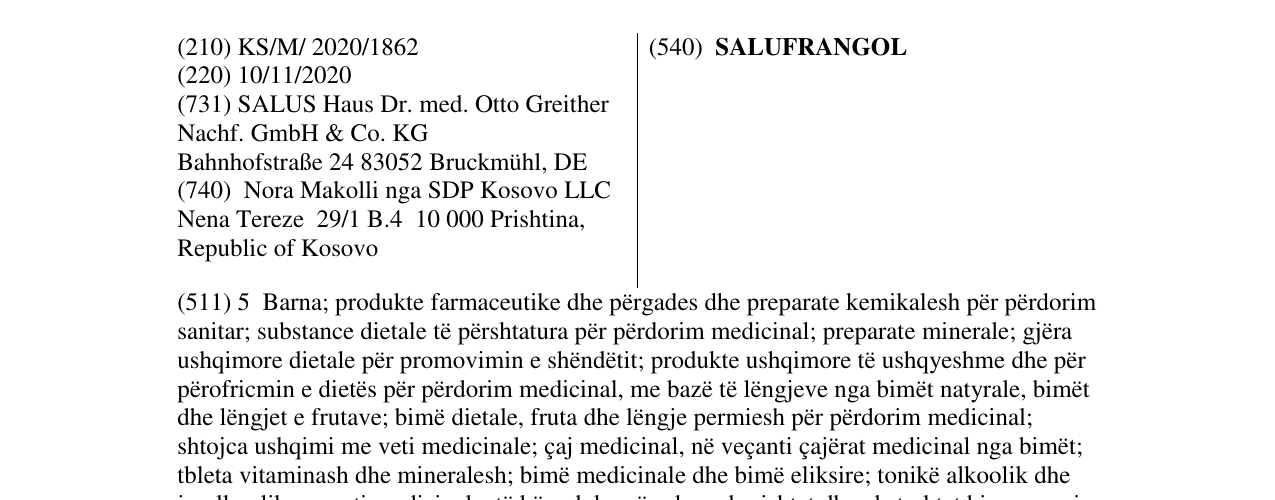 Zëri i markës SALUFRANGOL në buletin