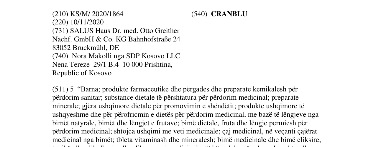 Zëri i markës CRANBLU në buletin