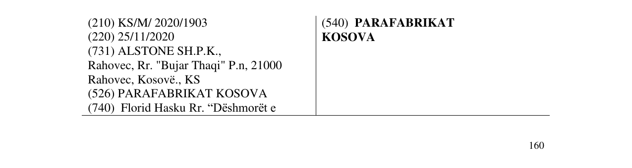 Zëri i markës PARAFABRIKAT KOSOVA në buletin