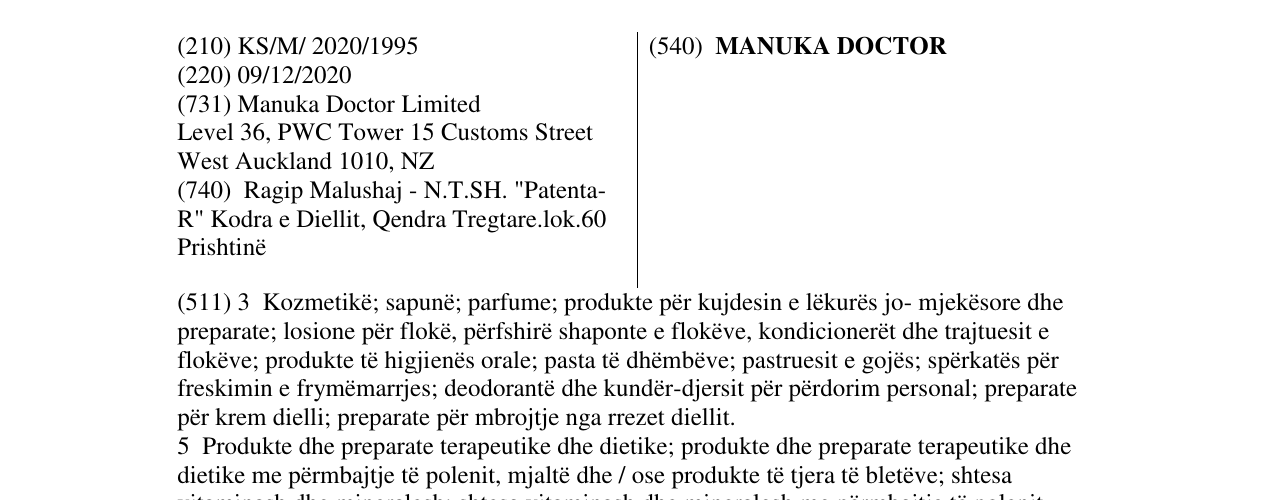 Zëri i markës MANUKA DOCTOR në buletin