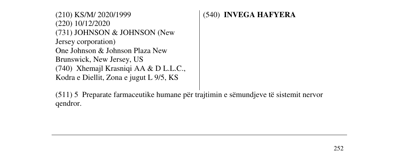 Zëri i markës INVEGA HAFYERA në buletin