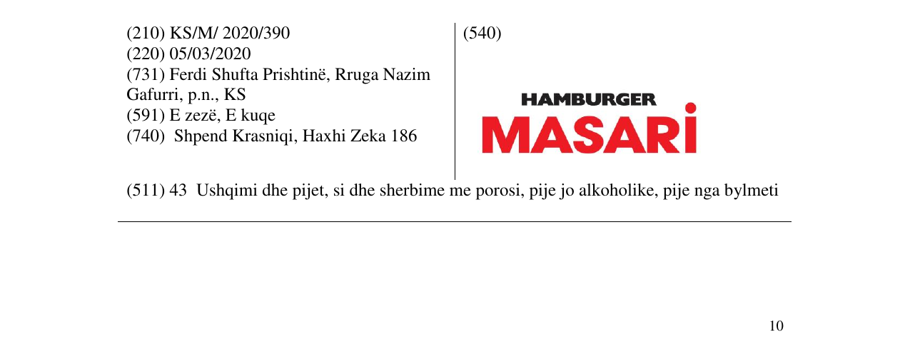 Zëri i markës hamburger MASARI në buletin