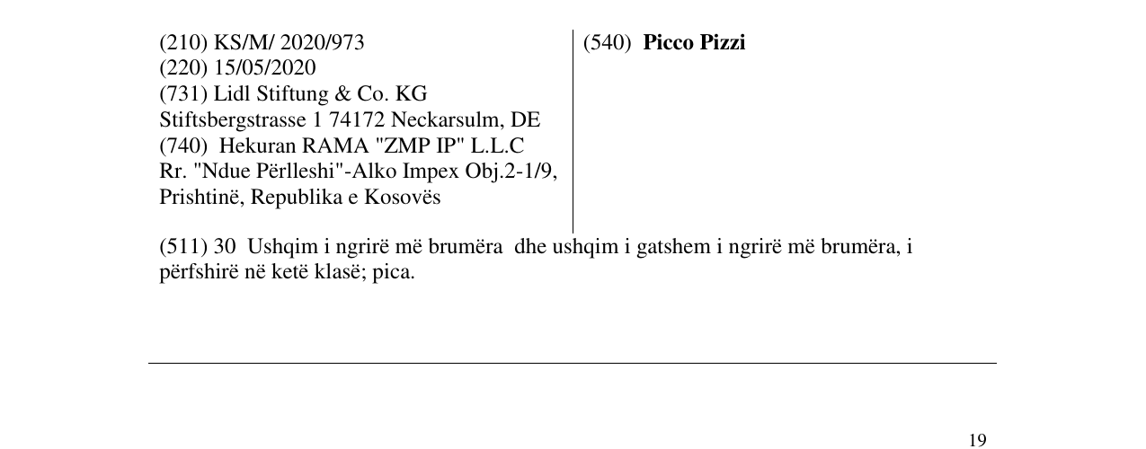 Zëri i markës Picco Pizzi në buletin