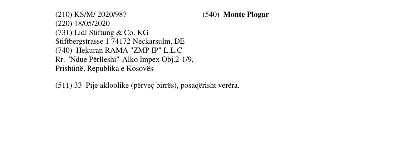 Zëri i markës Monte Plogar në buletin