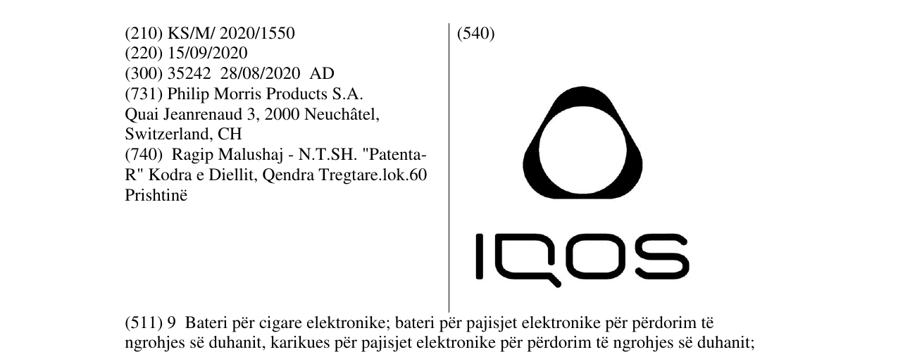 The entry of the trademark IQOS in the bulletin