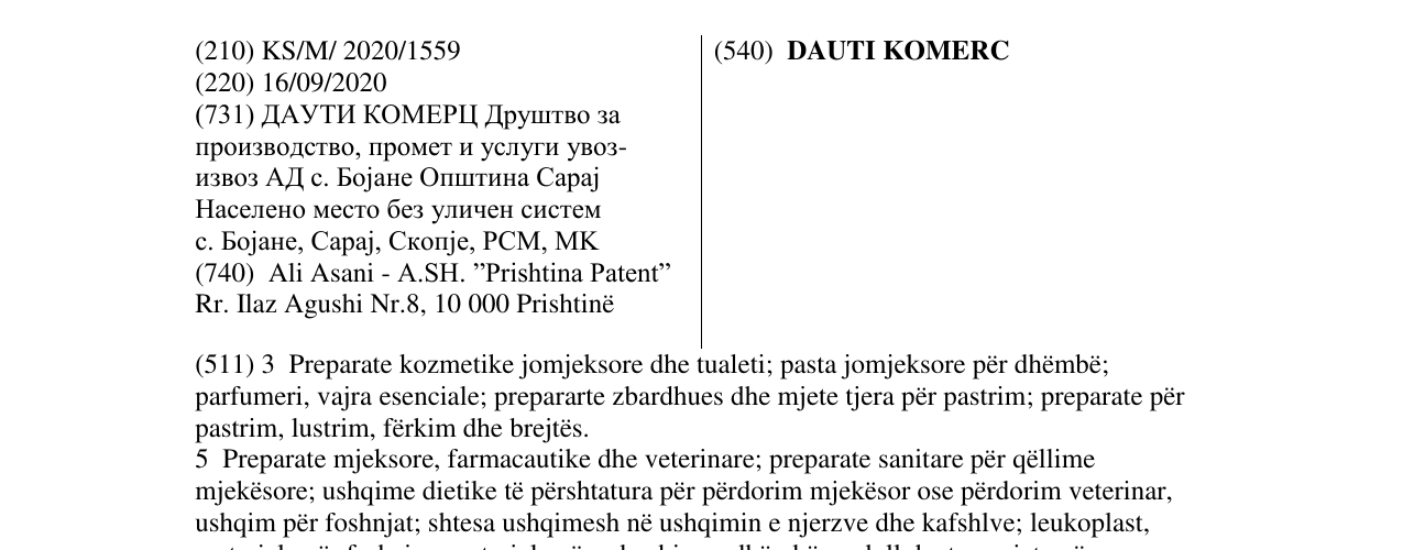 Zëri i markës DAUTI KOMERC në buletin