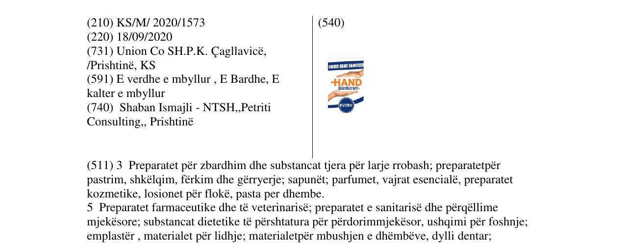 Zëri i markës HAND disinfectant në buletin