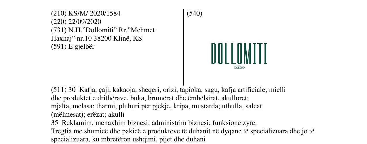 Zëri i markës DOLLOMITI në buletin