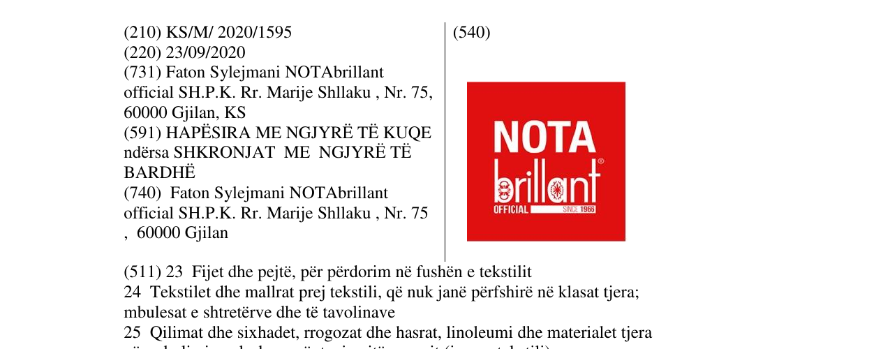 Zëri i markës NOTA BRILLANT OFFICIAL në buletin