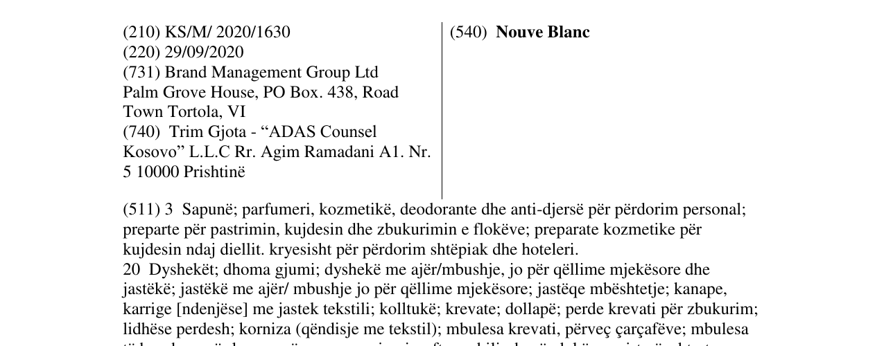 Zëri i markës Nouve Blanc në buletin
