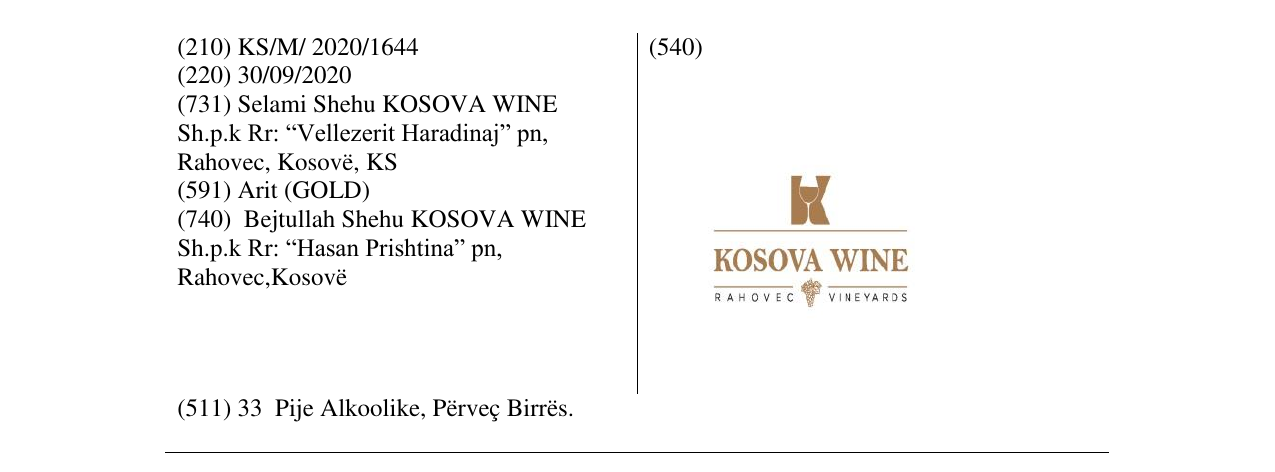 Zëri i markës KOSOVA WINE në buletin