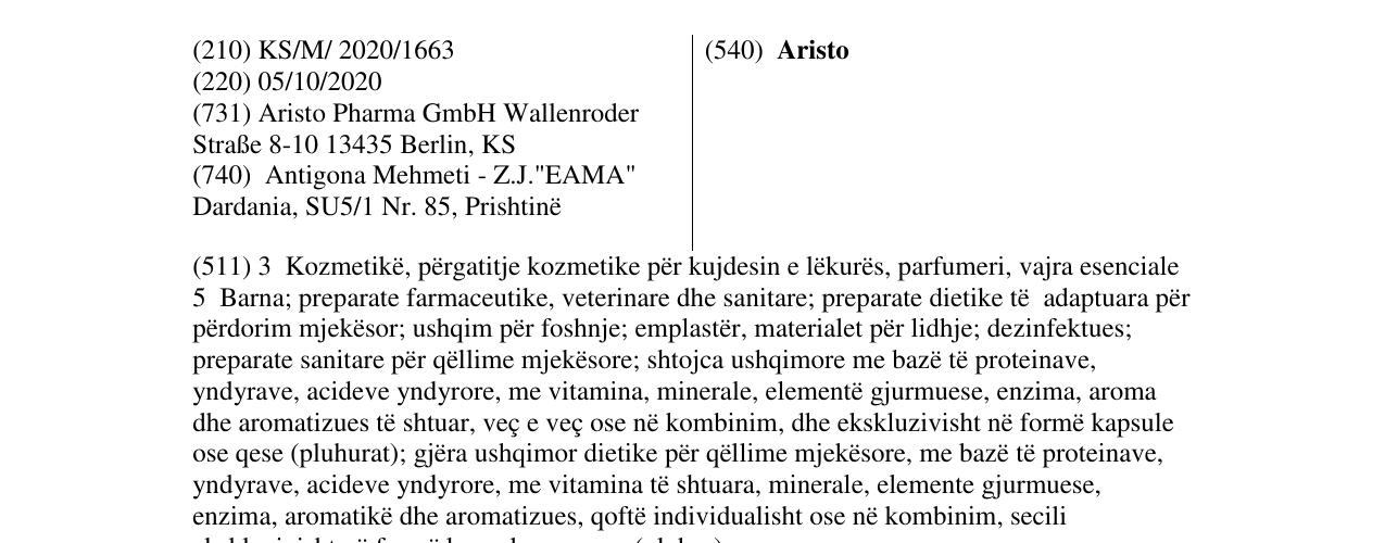 Zëri i markës Aristo në buletin