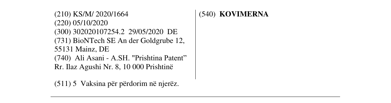 Zëri i markës KOVIMERNA në buletin