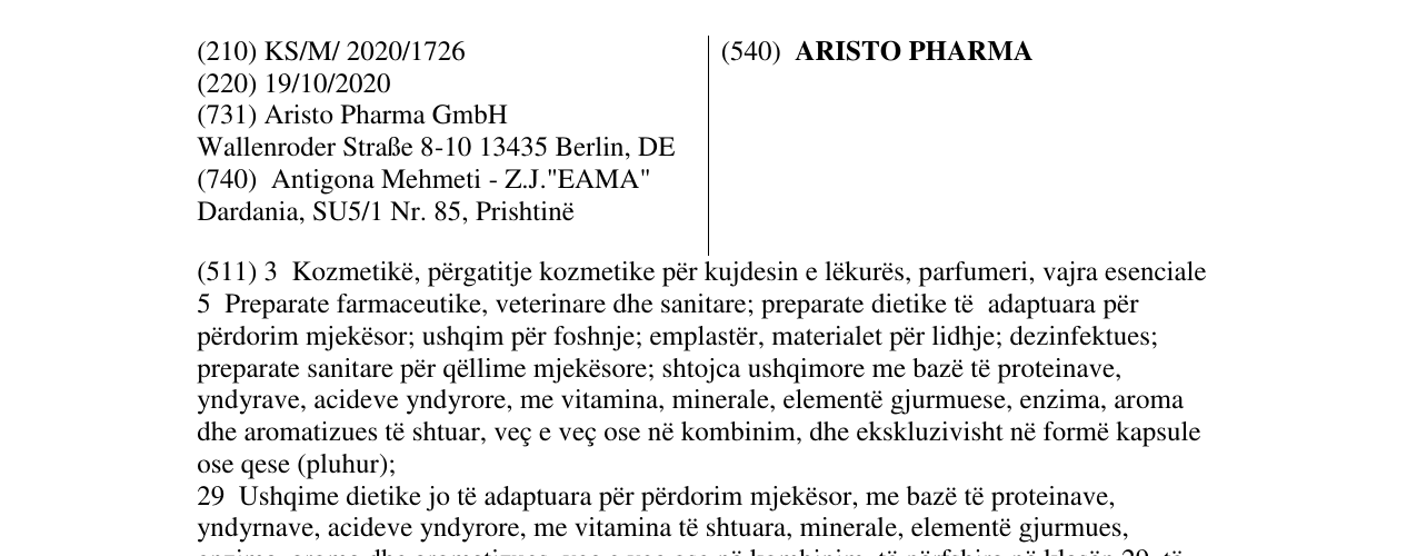 Zëri i markës ARISTO PHARMA në buletin