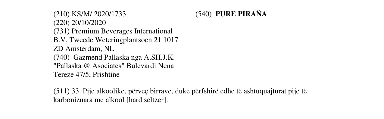 Zëri i markës PURE PIRAÑA në buletin