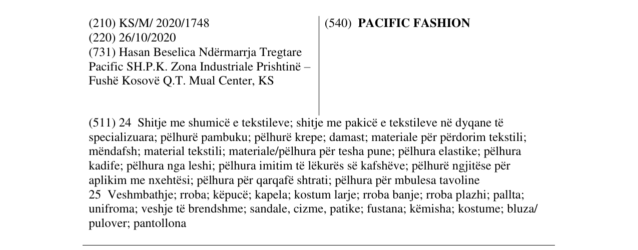 Zëri i markës PACIFIC FASHION në buletin