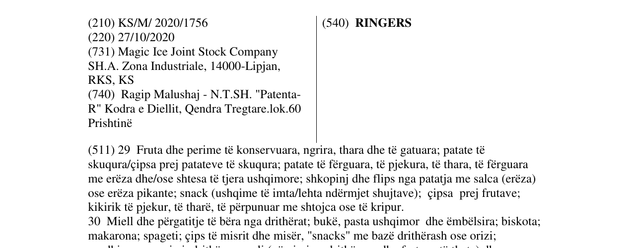 Zëri i markës RINGERS në buletin