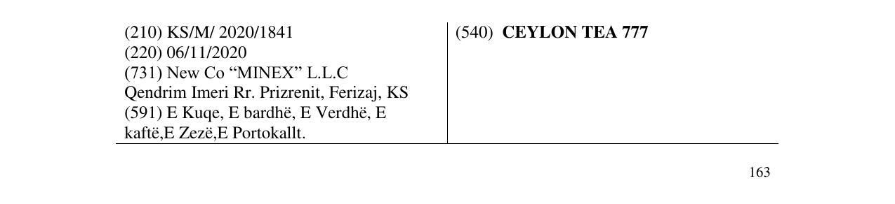 Zëri i markës CEYLON TEA 777 në buletin