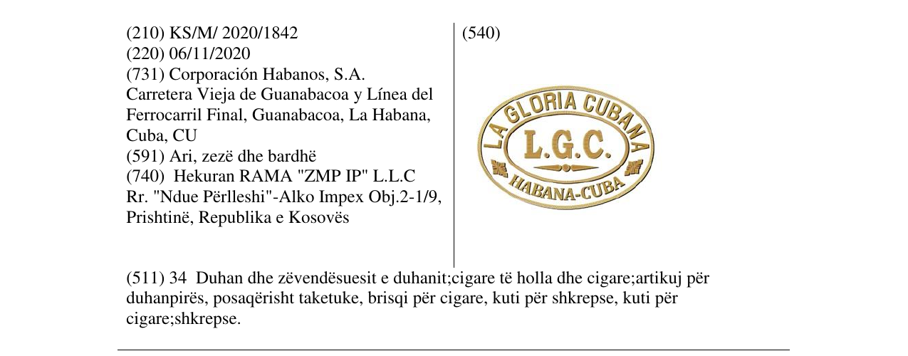 Zëri i markës LA GLORIA CUBANA në buletin