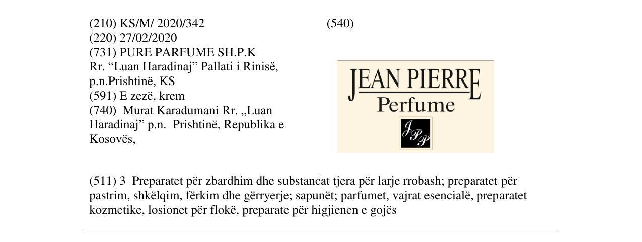 Zëri i markës JEAN PIERRE Perfume në buletin