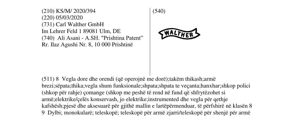 Zëri i markës WALTHER në buletin