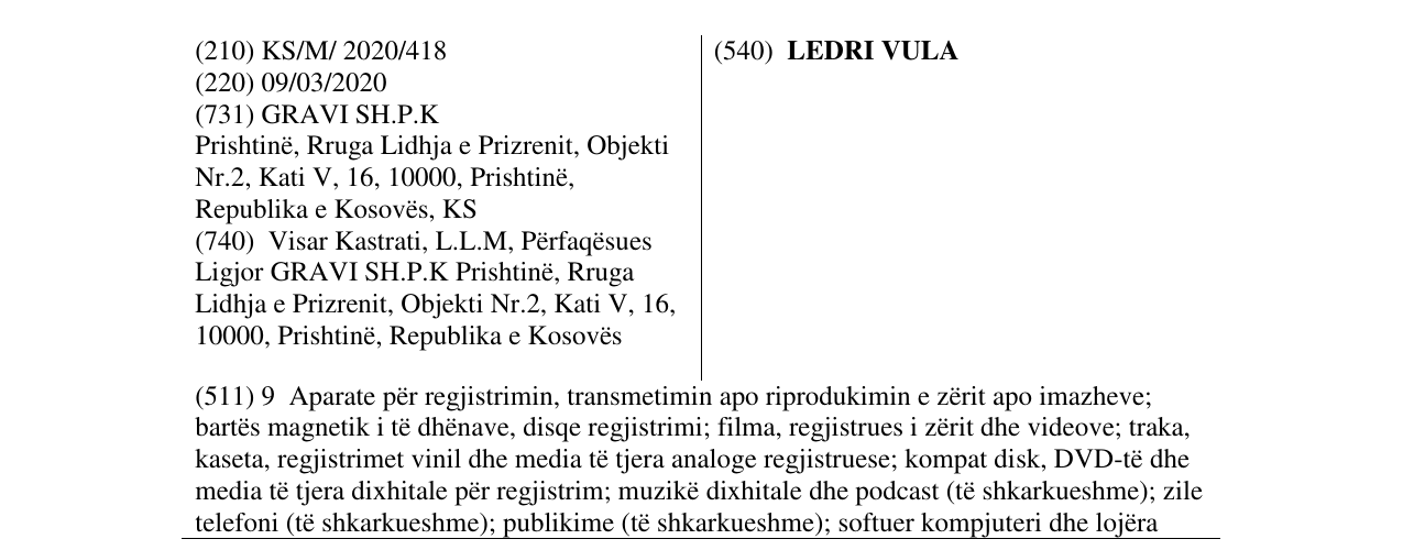 Zëri i markës LEDRI VULA në buletin