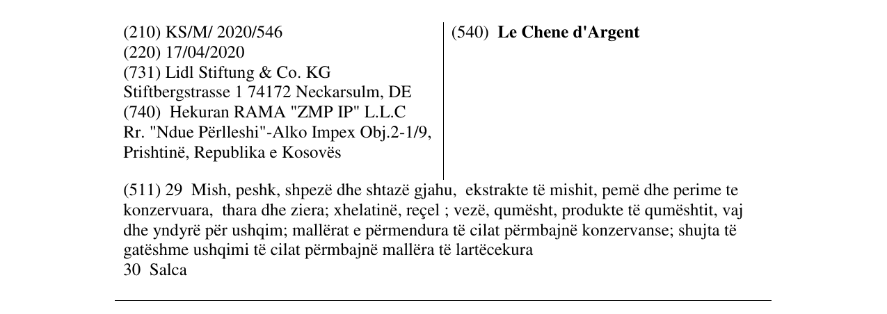 Zëri i markës Le Chene d'Argent në buletin
