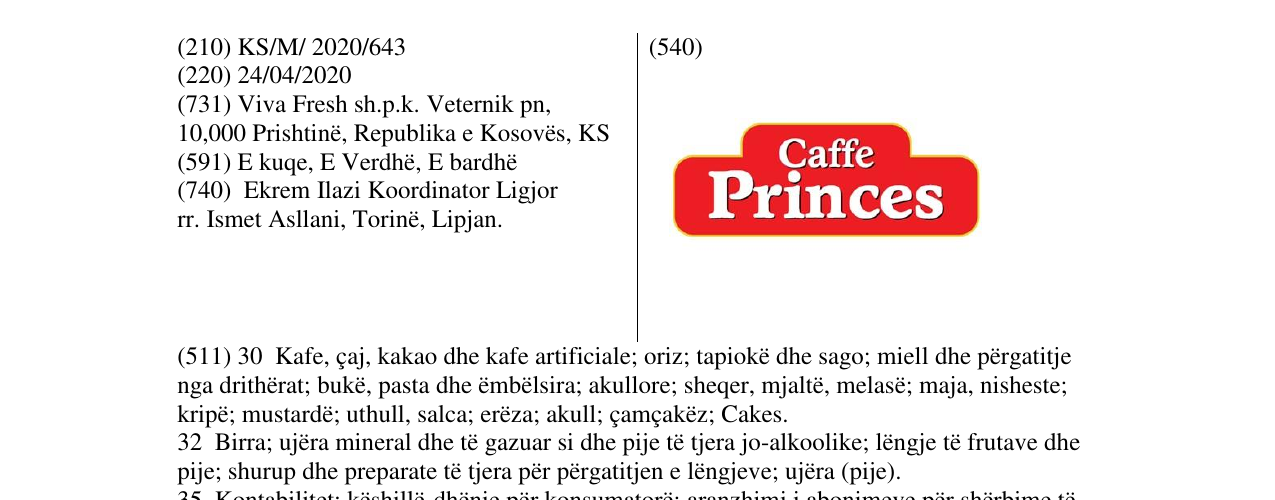 Zëri i markës CAFFE PRINCES në buletin