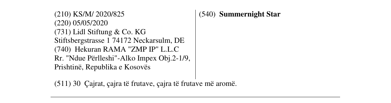 Zëri i markës Summernight Star në buletin