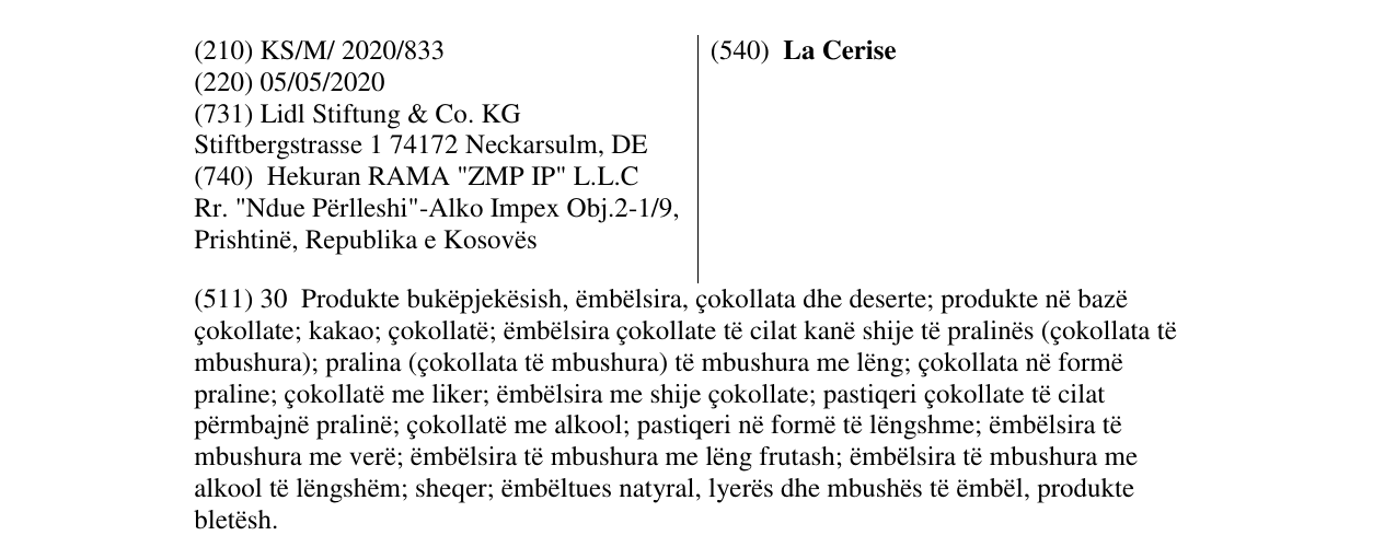 Zëri i markës La Cerise në buletin