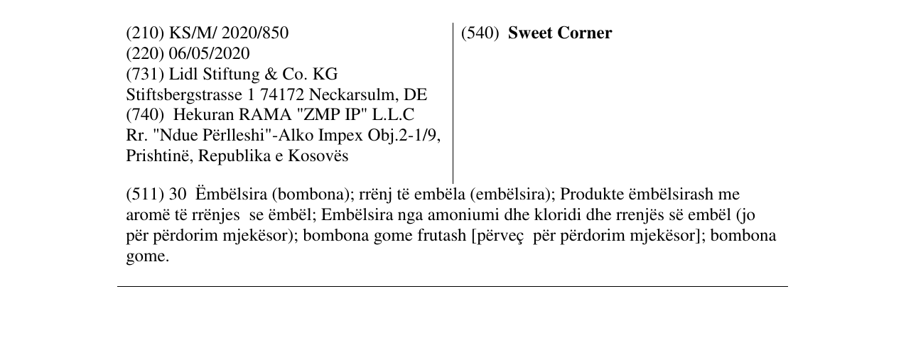 Zëri i markës Sweet Corner në buletin