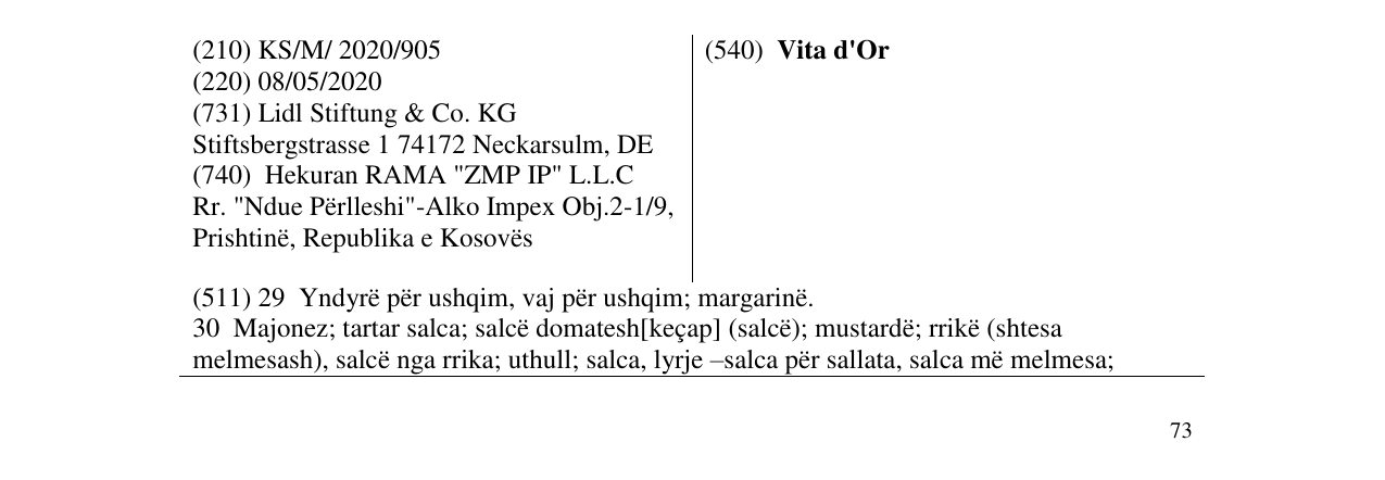 Zëri i markës Vita d'Or në buletin