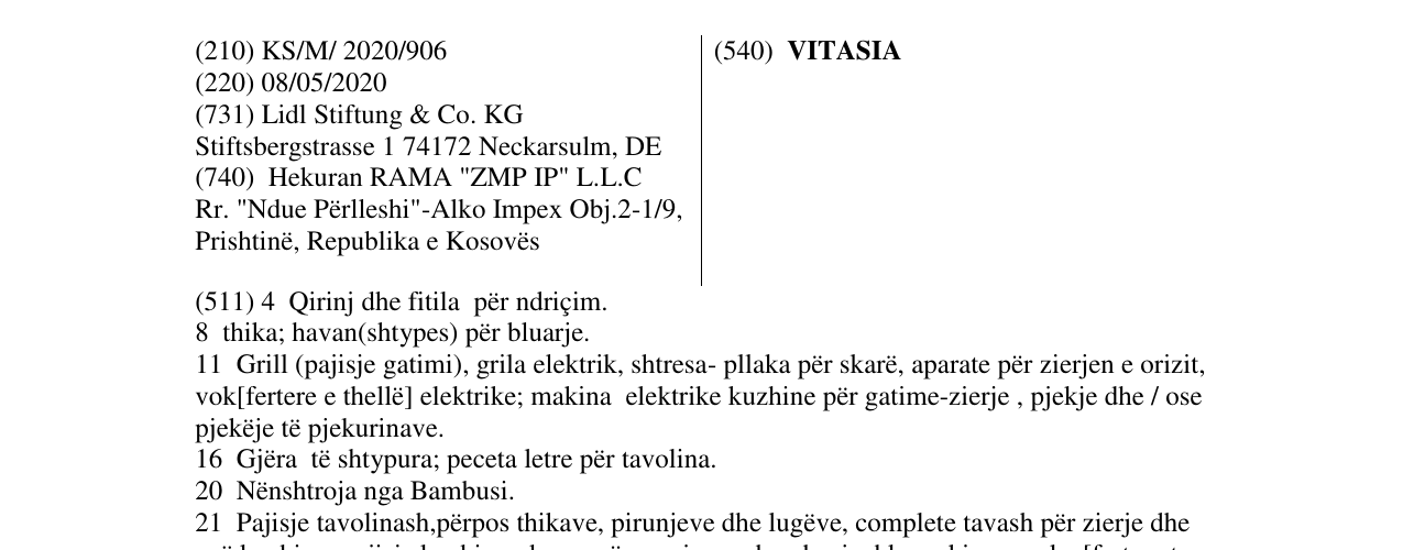 Zëri i markës VITASIA në buletin