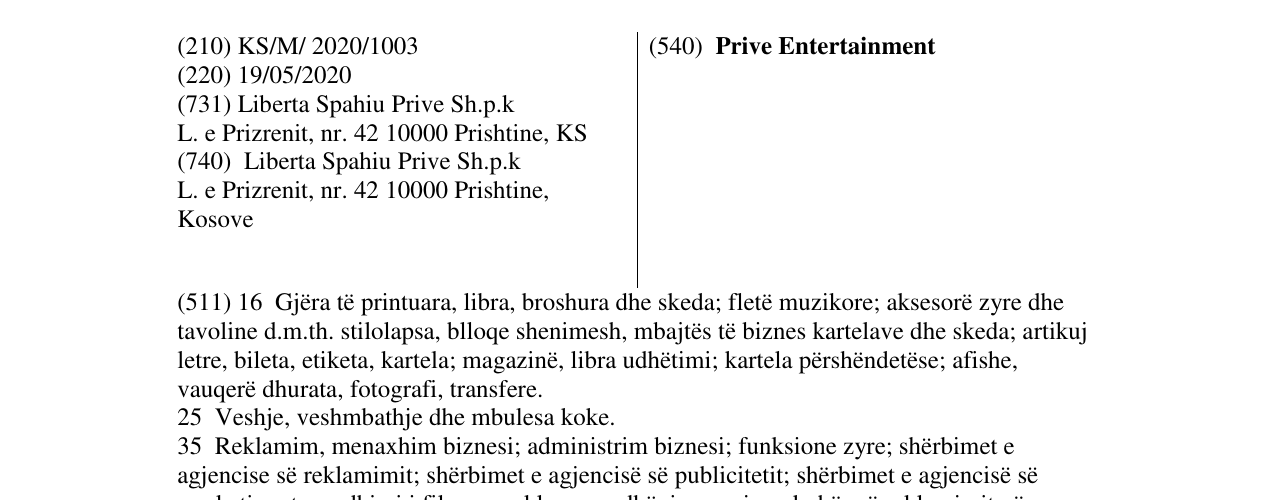 Zëri i markës Prive Entertainment në buletin